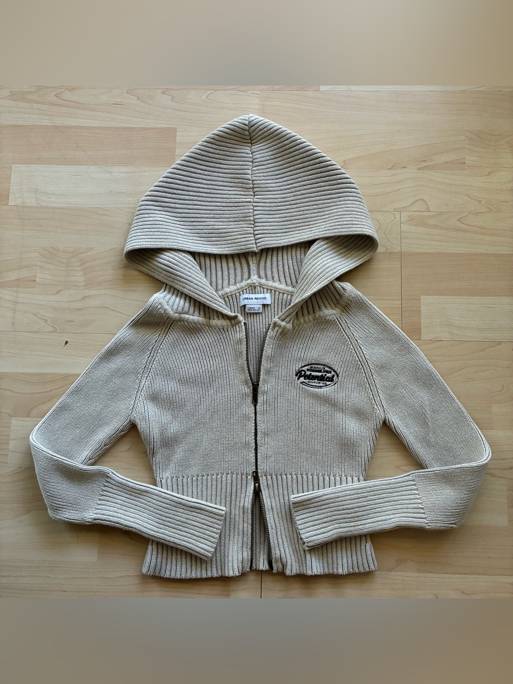 Urban REVIVO y2k Beige Hooded Zip Cardigan Sweater Casual Knit